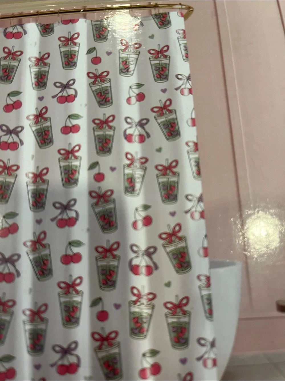 Betsey Johnson Pink Green Cherry/Cup Print PEVA Shower Curtain Liner